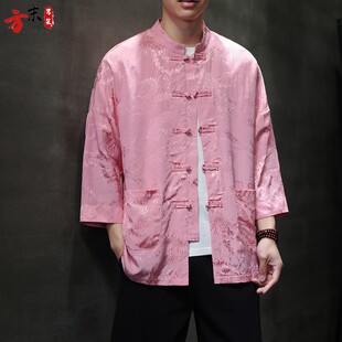 冰丝短袖衬衫男夏季新中式龙纹提花七分袖中国风唐装盘扣立领半袖