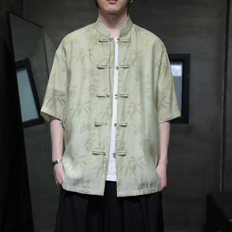 新中式复古盘扣唐装衬衫夏季轻薄透气休闲短袖男宽松百搭茶服汉服,男装,唐装,淘宝优惠券,粉丝福利购,淘宝优惠卷