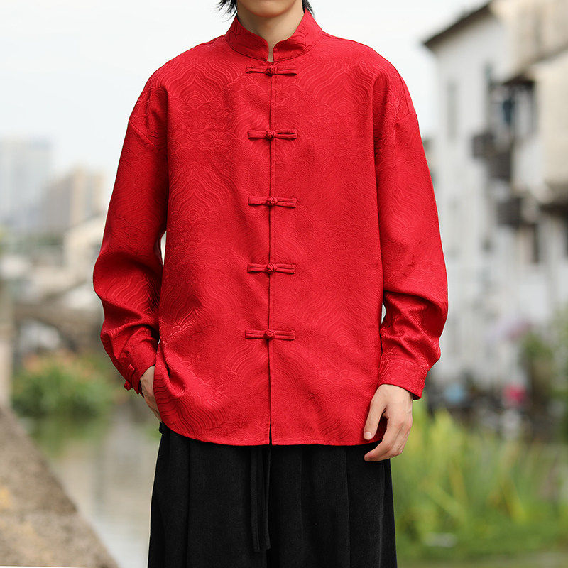 中国风暗纹红色长袖衬衫男新中式唐装本命年衬衣外套高级感中山装,男装,唐装,淘宝优惠券,粉丝福利购,淘宝优惠卷