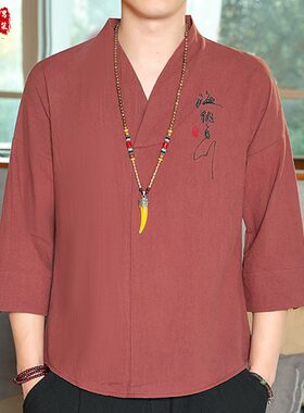 七分袖亚麻T恤男短袖夏季上衣