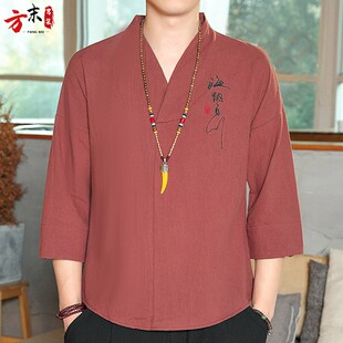 七分袖亚麻T恤男短袖夏季汉服V领体恤中国风男装刺绣宽松薄款上衣