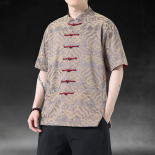 新中式 复古风盘扣立领中山装 唐装 衬衫 衬衣潮 男中国风绸缎短袖 夏季