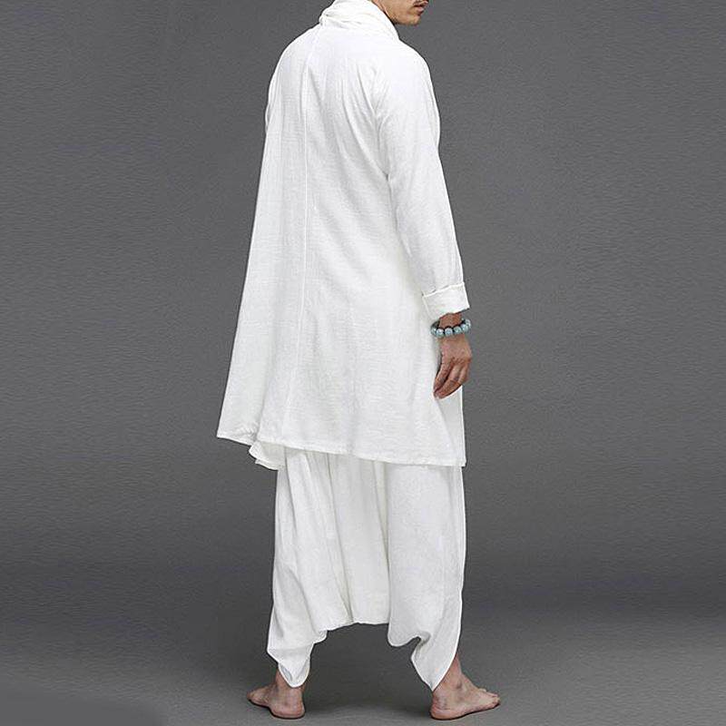 중국 스타일의 면화와 린넨 HANFU 남자의 고대 스타일 느슨한 평신도 명상 명상 차 정장 복고풍 민족 망토 남성 의류