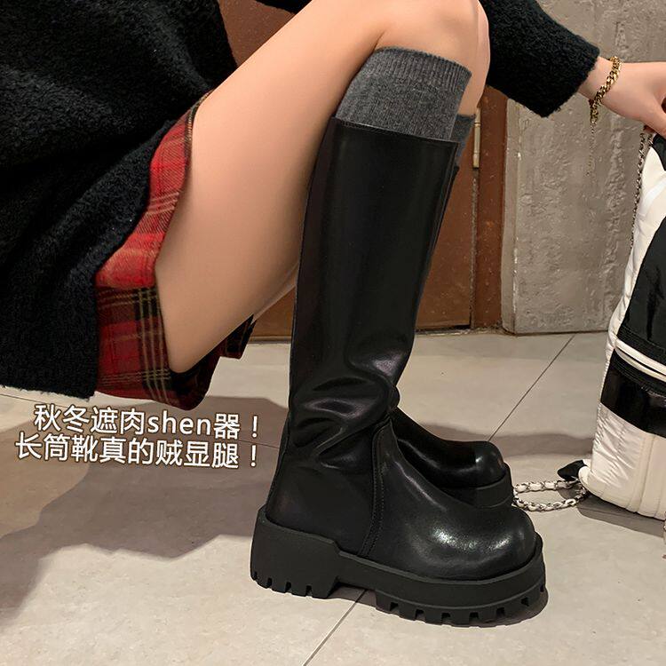 真皮厚底圆头不过膝高筒靴女户外防水糖果色雨靴小个子长筒骑士靴