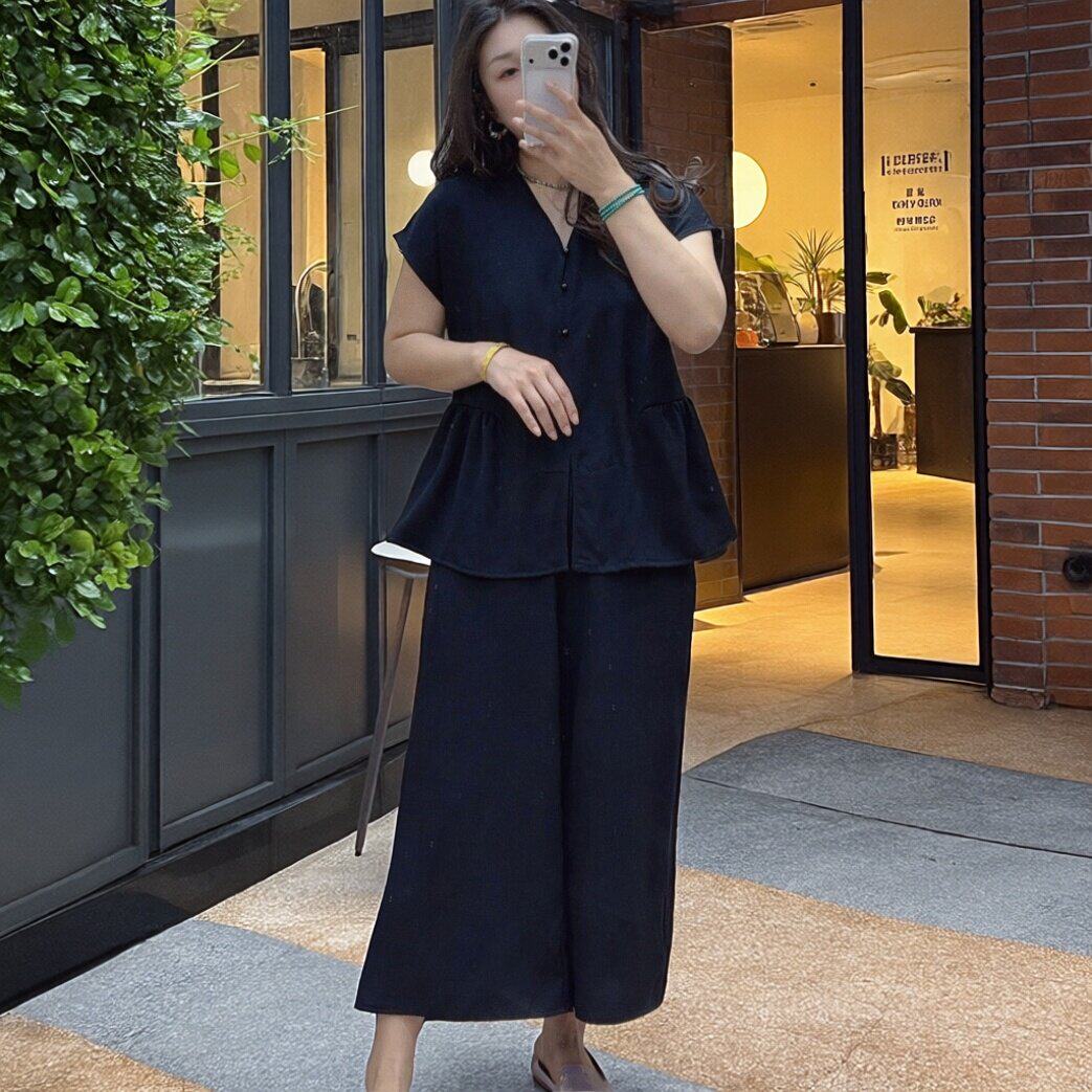 夏季新款中式凉爽棉绸套装宽松减龄显瘦女士时尚人造棉9分裤套装