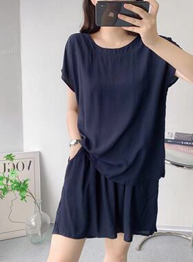 青年棉绸纯色睡衣女夏季薄款大码短袖短裤人造棉家居服两件套装