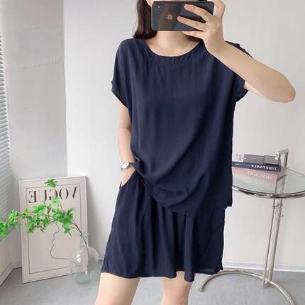 青年棉绸纯色睡衣女夏季薄款大码短袖短裤人造棉家居服两件套装