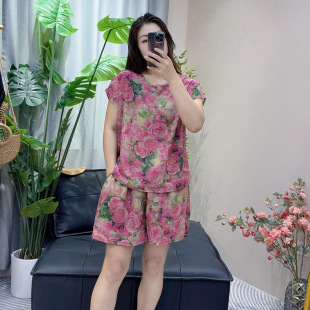 棉绸套装女夏季新款碎花家居服宽松大码人造棉短袖短裤睡衣两件套
