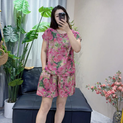 棉绸套装女夏季新款碎花家居服宽松大码人造棉短袖短裤睡衣两件套