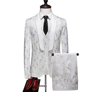 欧洲站男士西服三件套时尚结婚白色花礼服男英伦修身西装马甲裤子