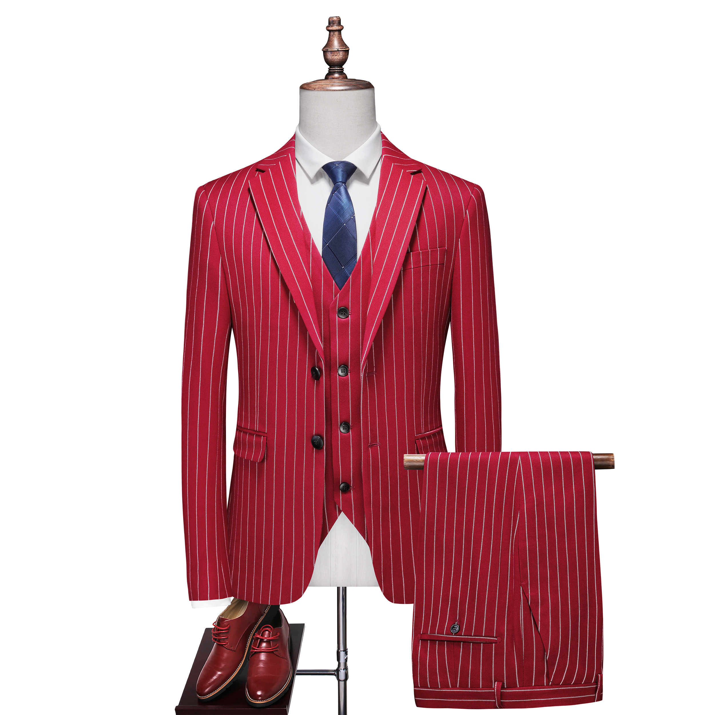 红条纹男士西服套装品质春秋款新郎结婚礼服三件套大码外套马甲裤