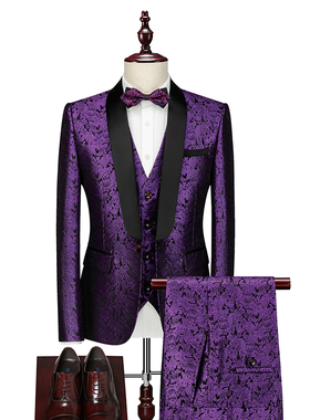 春季新款西服套装男士晚礼服新郎结婚紫色套装男外套马甲三件套