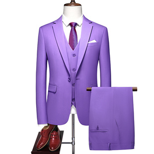 西服三件套浅紫色休闲男装 主持人婚礼拍照宴会西装 大码 男士 礼服