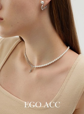 EGO ACC洛丽塔 甜美潮酷珍珠拼接链条项链chorker双层叠戴锁骨链