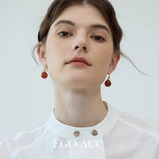 天然石耳环设计师耳饰 时髦高级感红玛瑙纯银耳钩新中式 EGO ACC