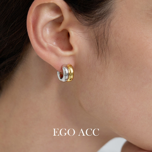 EGO 时髦金属风金银拼色C型耳钉高级感简约百搭bv耳环耳饰女 ACC