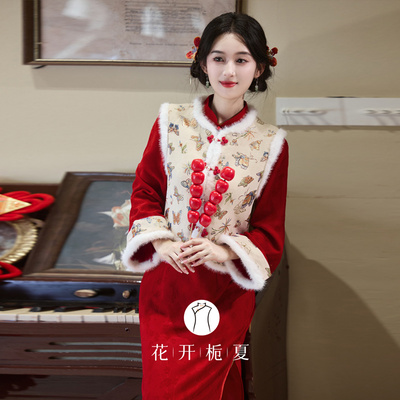 新中式改良红色旗袍裙加绒加厚