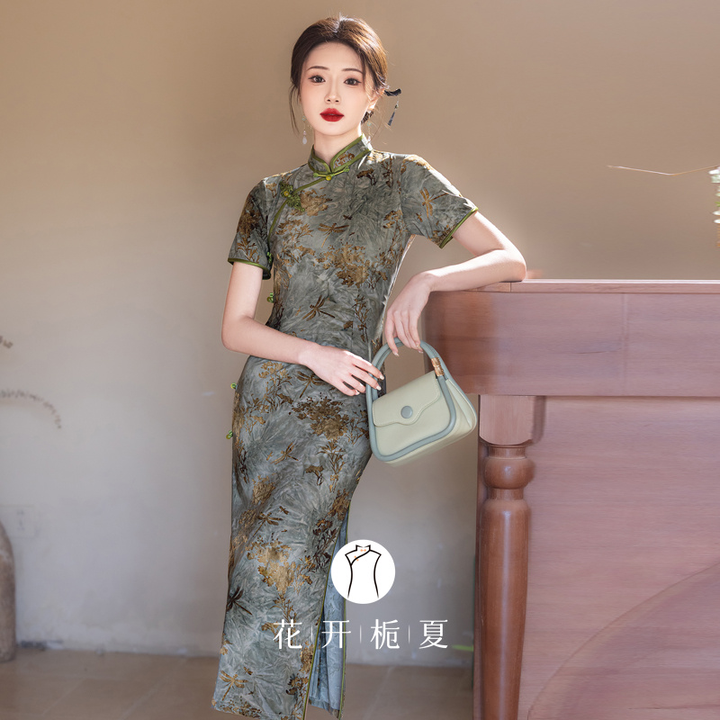 老上海复古风绿色短袖旗袍