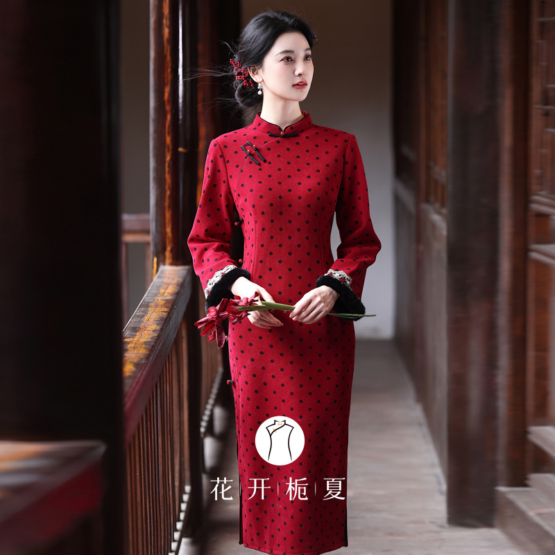 绝美红色长袖旗袍加绒加厚日常