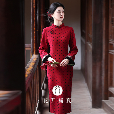 绝美红色长袖旗袍加绒加厚日常