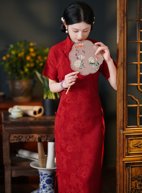 红色旗袍一片式无省民国少女年轻气质全开襟古法传统大学生日常