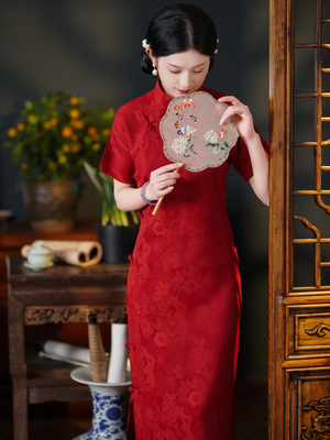 古法传统全开襟红色旗袍
