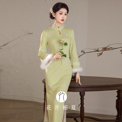 绿色绝美新中式旗袍加绒保暖