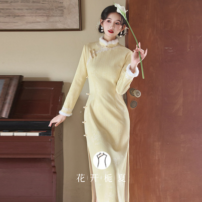 新中式绝美黄色旗袍加绒加厚