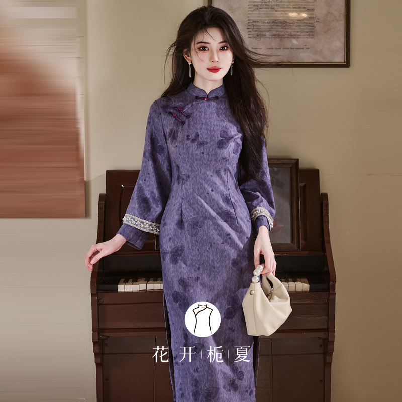 新中式绝美气质紫色旗袍日常可穿