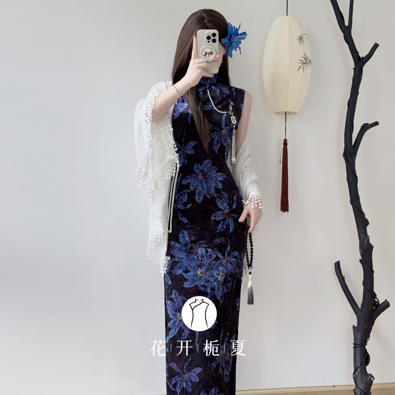 老上海复古蓝色无袖丝绒印花旗袍