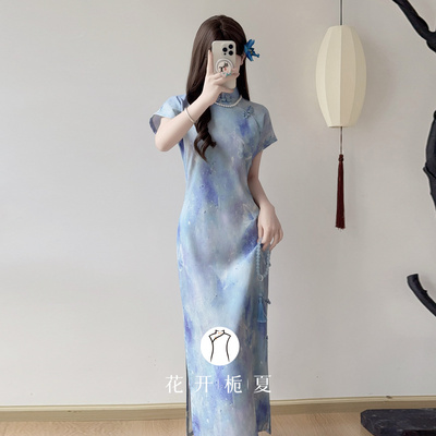 新中式绝美气质长款蓝色旗袍
