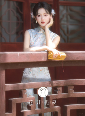 蓝色复古新中式改良仿宋锦提花无袖旗袍收腰显瘦气质连衣裙5/1
