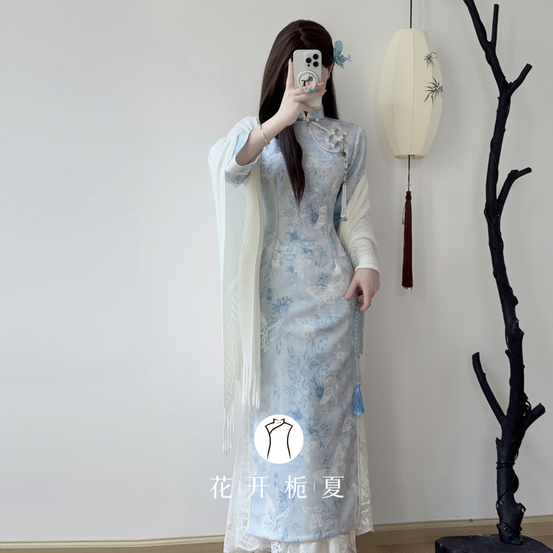 新中式绝美气质蓝色长袖旗袍