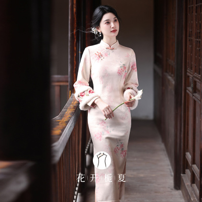 新中式绝美粉色倒大袖旗袍冬装