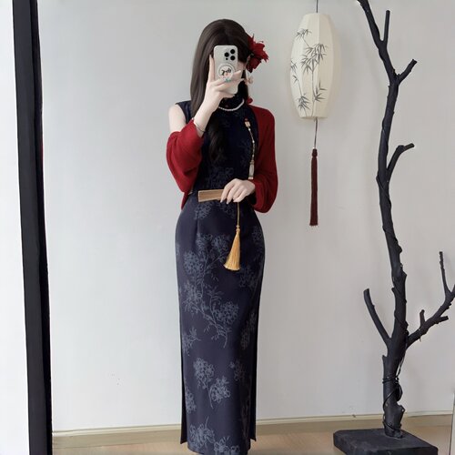 新中式复古蓝色无袖旗袍