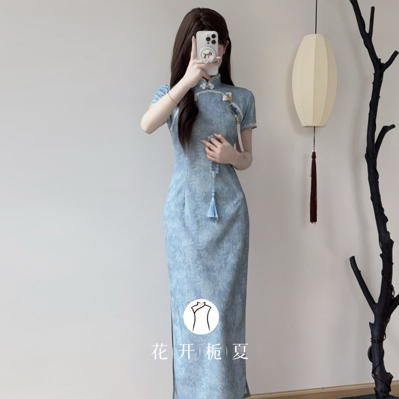 新中式绝美气质蓝色旗袍