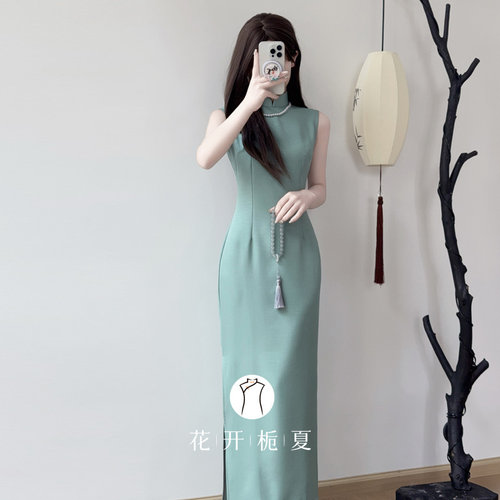 新中式改良绿色无袖旗袍