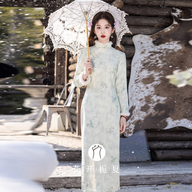 绿色雪尼尔加绒加厚旗袍冬装2025新款国风长款少女连衣裙11/19,女装/女士精品,旗袍,淘宝优惠券,粉丝福利购,淘宝优惠卷