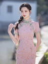 乔其雪纺旗袍2024年夏季 年轻款 新中式 新款 少女高端气质粉色连衣裙