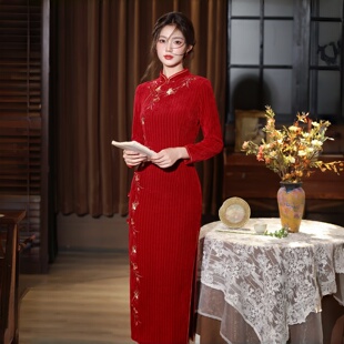 红色旗袍2026冬款新中式新娘敬酒服加绒加厚订婚礼服裙过年拜年服