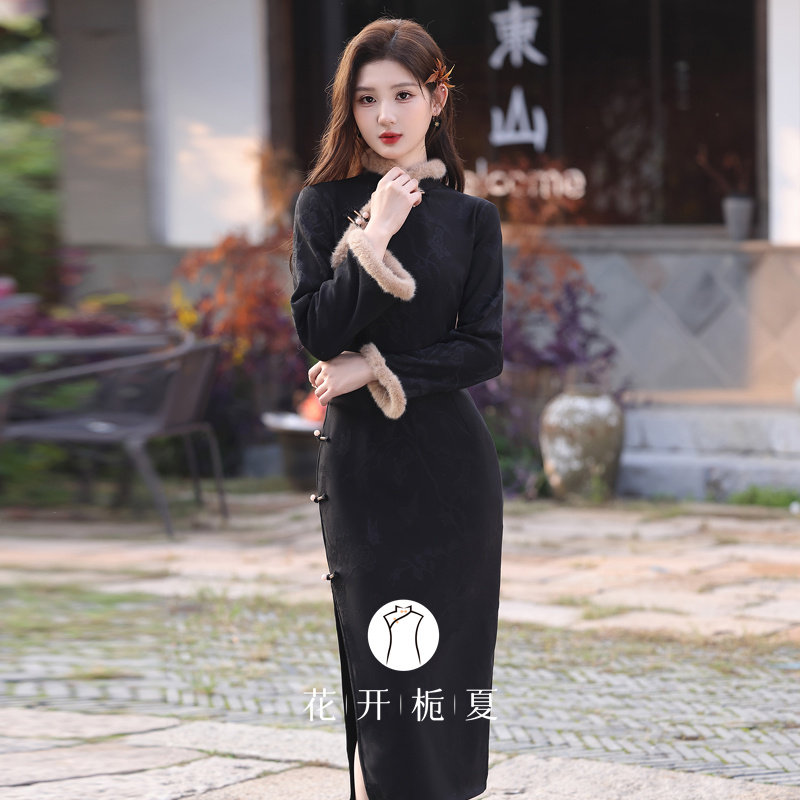 新中式改良黑色旗袍加绒加厚