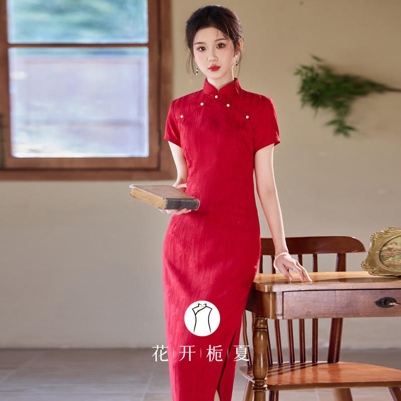 新中式改良长款红色旗袍