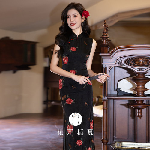 老上海复古风黑色无袖旗袍