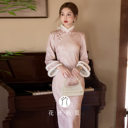 新中式改良粉色旗袍加绒加厚