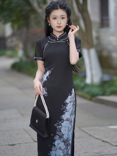 清冷风新中式 复古优雅高级感气质长款 旗袍2024新款 黑色长款 连衣裙