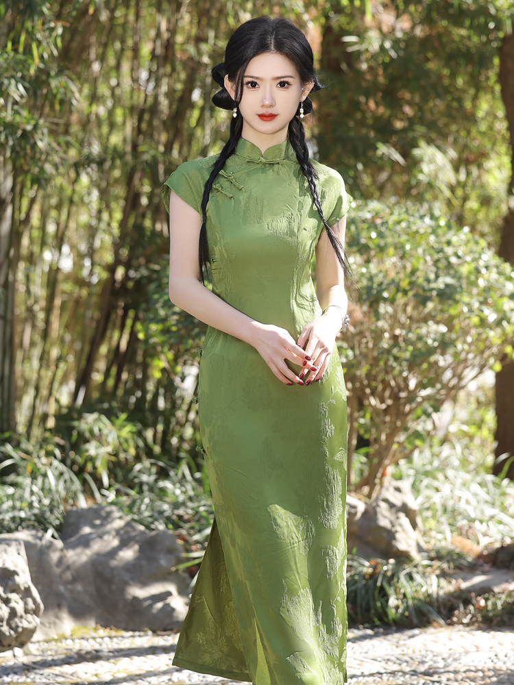 长款绿色旗袍2024春夏新中式国风改良年轻款少女连衣裙修身显瘦