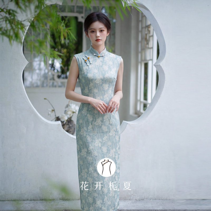 复古港工新中式蓝色无袖旗袍2026新款少女素雅碎花连衣裙5/28