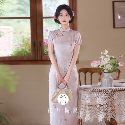 新中式改良绝美气质粉色提花旗袍
