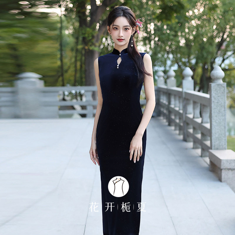 新中式绝美气质丝绒无袖旗袍