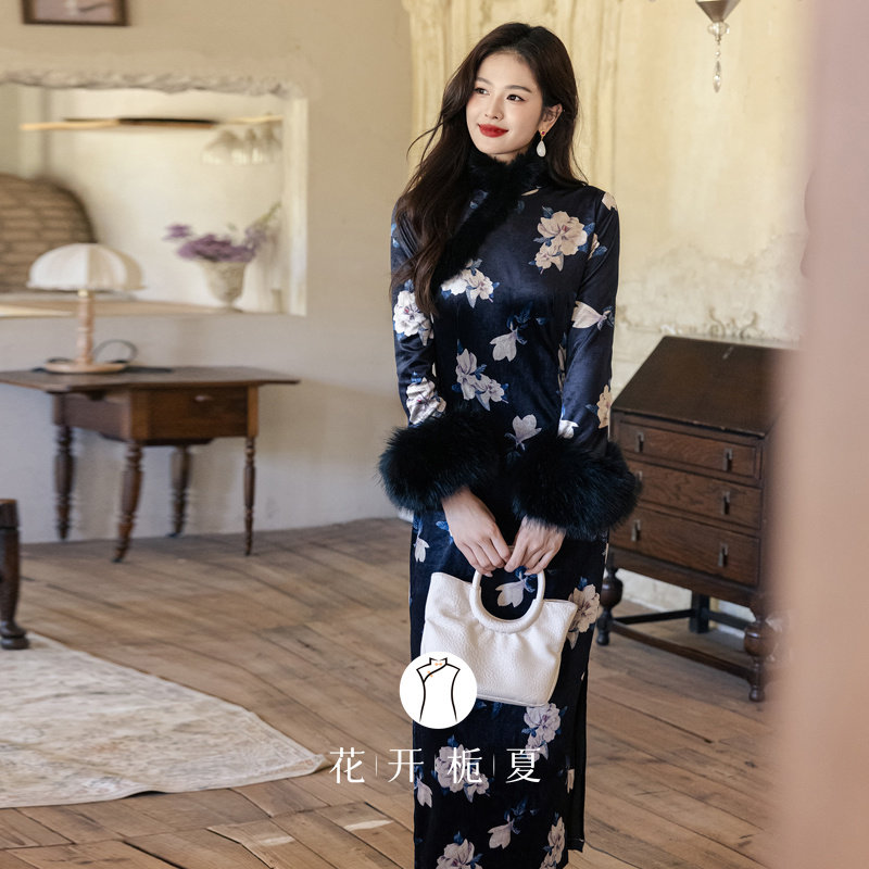 老上海复古印花旗袍2025冬款新中式气质优雅高级收腰连衣裙 11/10,女装/女士精品,旗袍,淘宝优惠券,粉丝福利购,淘宝优惠卷